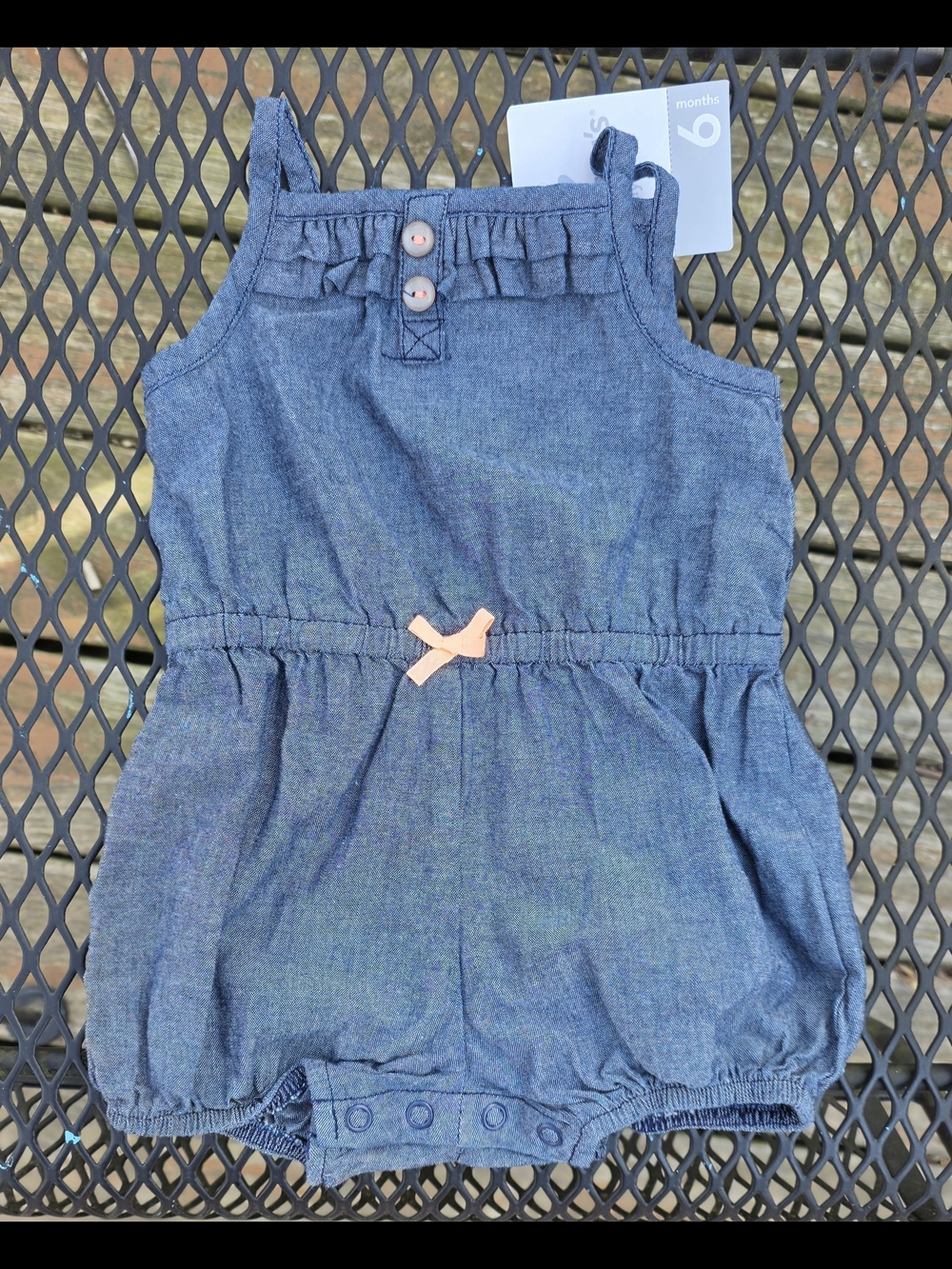 Carter's Blue Chambray Baby Romper with Coral Bow Accent